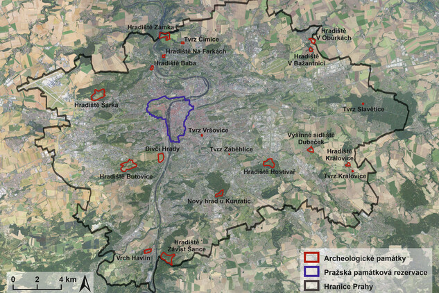 Přehledová mapa kulturních památek archeologické povahy na území Prahy mimo historické jádro (zdroj: ČÚZK, IPR, graficky zpracoval M. Kapic, 2025).