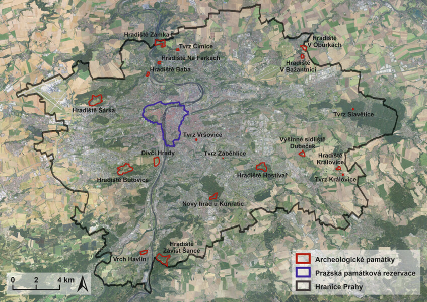 Přehledová mapa kulturních památek archeologické povahy na území Prahy mimo historické jádro (zdroj: ČÚZK, IPR, graficky zpracoval M. Kapic, 2025).